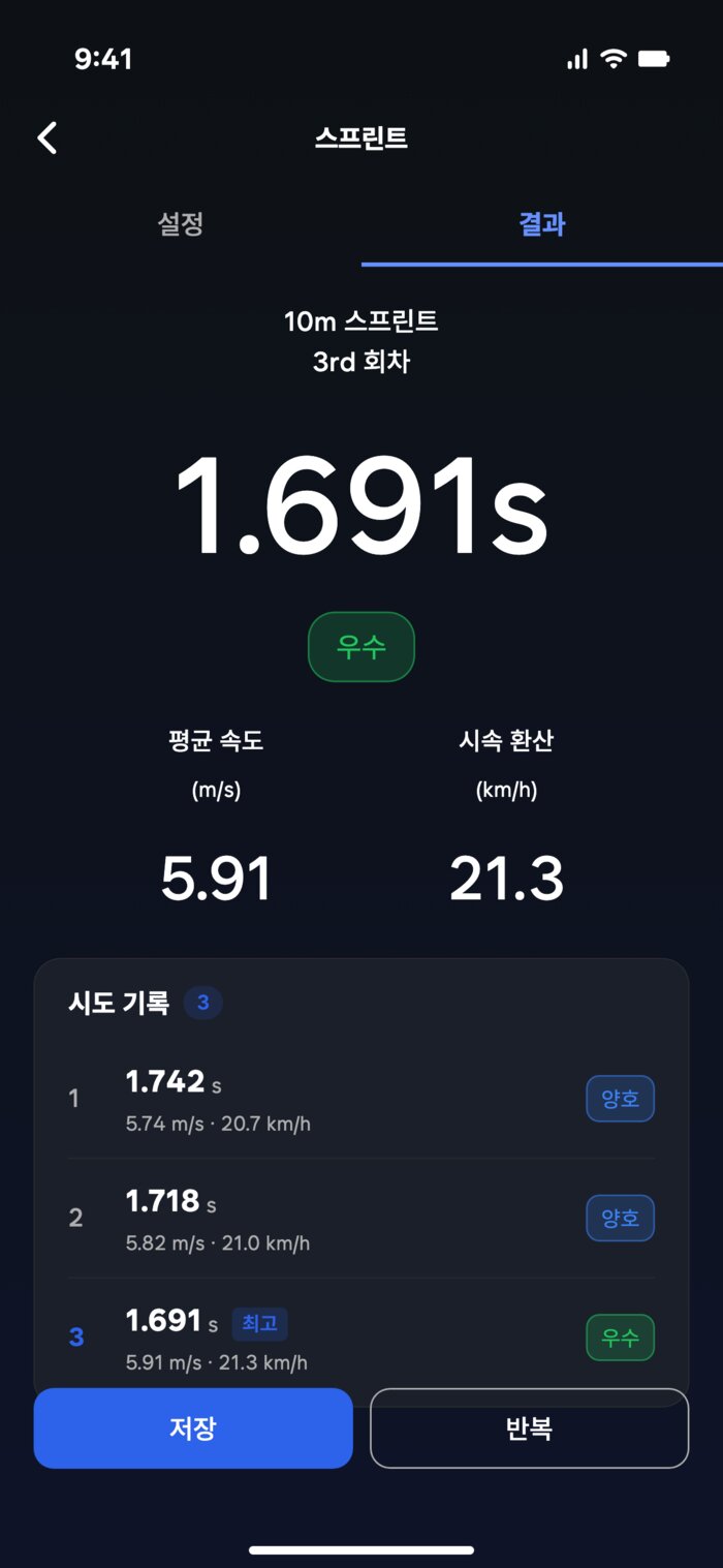 Gate 측정 결과: 0~10m 1.691초, 구간 평균 5.91m/s